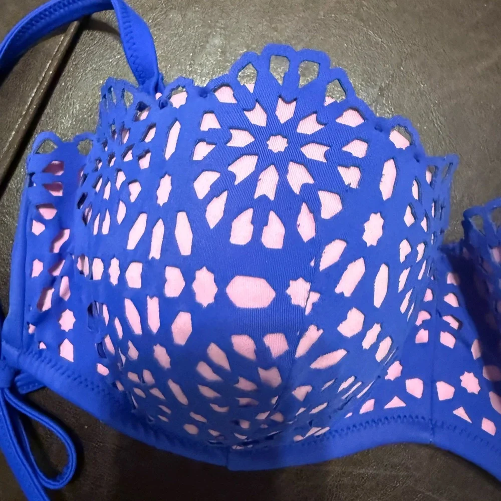 🦋💗 Shade & Shore Blue Pink Cutout Underwire Bikini 36C Push-up Lace Swim